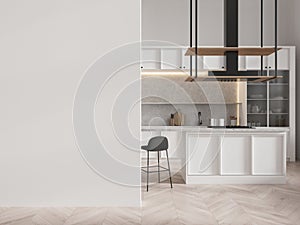 Modern kitchen interior with empty wall for mockup template. 3D Rendering