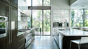 Modern Kitchen Interior With Forest View in Daylight
