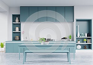 Modern kitchen interior with furniture.Stylish kitchen interior with white wall.3D Rendering