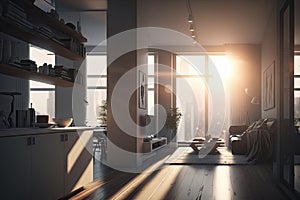 Modern kitchen interior with furniture and sunlight