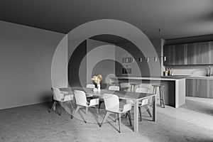 Modern kitchen interior with grey walls, a concrete floor and gray countertops. A long table with chairs near it. Mock up wall