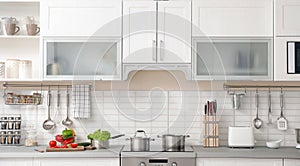 Modern kitchen interior with houseware and furniture