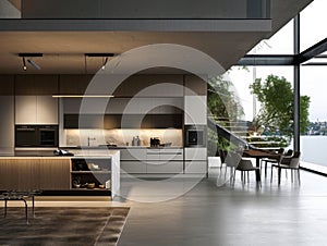 Modern kitchen interior with island, sink, cabinets, and dining area in a luxury house. Contemporary design with marble