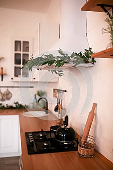 Modern Kitchen Interior with Island, Sink, Cabinets in New Luxury Home.