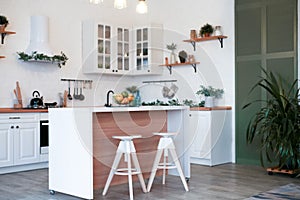 Modern Kitchen Interior with Island, Sink, Cabinets in New Luxury Home.