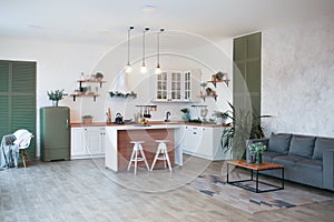 Modern Kitchen Interior with Island, Sink, Cabinets in New Luxury Home.