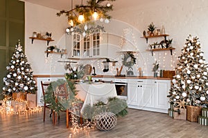 Modern Kitchen Interior with Island, Sink, Cabinets in New Luxury Home Decorated in Christmas Style.