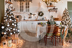 Modern Kitchen Interior with Island, Sink, Cabinets in New Luxury Home Decorated in Christmas Style.