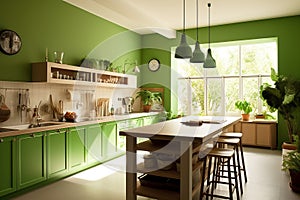 Modern kitchen interior, kitchen room with a table in the middle in green brown.