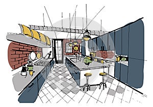 Modern kitchen interior in loft style. Hand drawn colorful illustration.