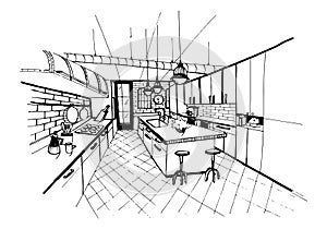 Modern kitchen interior in loft style. Hand drawn sketch illustration.