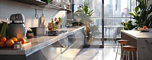 modern kitchen interior with panoramic windows,design, interior visualization.