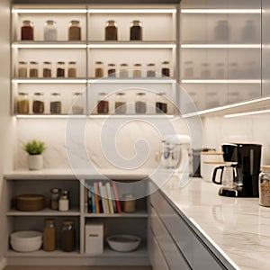Modern Kitchen Interior with Shelves and Appliances