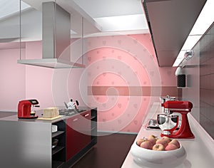 Modern kitchen interior with smart appliances in pink color coordination