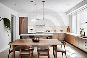 Modern kitchen interior with stylish white cabinet and wooden table chairs. Generative AI