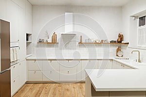 Modern kitchen interior. Stylish white kitchen cabinets with brass knobs, granite island, appliances and evening light in new