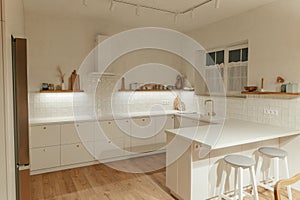 Modern kitchen interior. Stylish white kitchen cabinets with brass knobs, granite island, appliances and light in new scandinavian