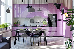 Modern Kitchen Interior with Vibrant Purple Cabinetry and Sleek Black Accents