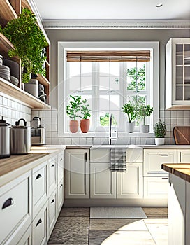 Modern kitchen interior with white furniture and wood countertops cabinets shelves and cupboards. Green pot plants big window