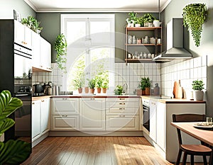 Modern kitchen interior with white furniture and wood countertops cabinets shelves and cupboards. Green pot plants big window