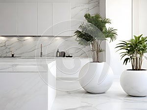 Modern kitchen interior with white marble countertop and plants. 3d render