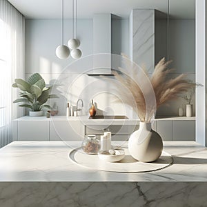 Modern kitchen interior with white marble countertop and plants. 3d render