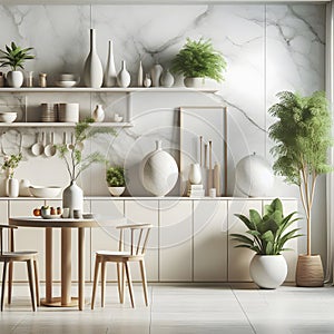 Modern kitchen interior with white marble countertop and plants. 3d render