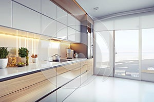 Modern kitchen interior with white walls, wood floors, countertops and wood cabinets. 3D rendering