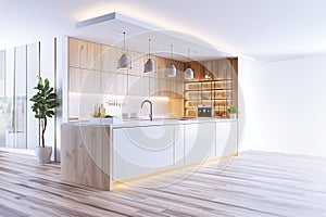 Modern kitchen interior with white walls, wood floors, countertops and wood cabinets. 3D rendering