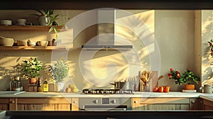 Modern kitchen interior with wooden cabinets, plants, and sunlight streaming through the window