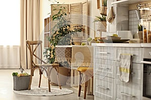 Modern kitchen interior with wooden crates