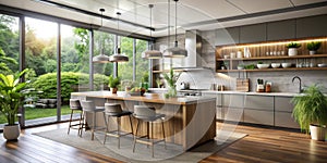 Modern Kitchen Island with Natural Light and Greenery - 3D Render - Wood Island with Bar Stools and Large Window View of Lush photo