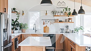 Modern kitchen island, plants, sunlight, home decor, interior design