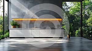 Modern kitchen, jungle view, sunlight, interior design, home decor