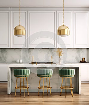 Modern kitchen, light brown and gold, light green, clean, marble. Created AI