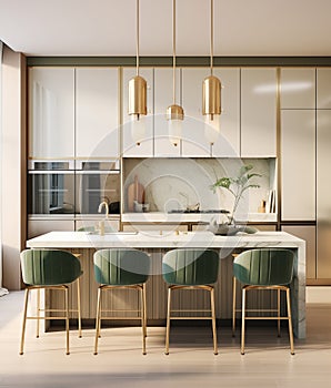 Modern kitchen, light brown and gold, light green, clean, marble. Created AI