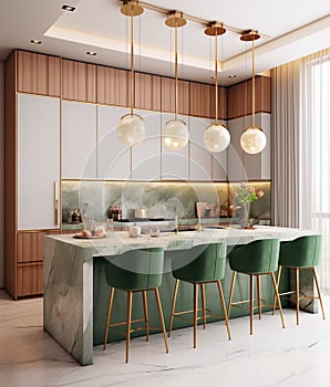 Modern kitchen, light brown and gold, light green, clean, marble. Created AI