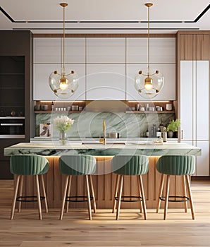 Modern kitchen, light brown and gold, light green, clean, marble. Created AI