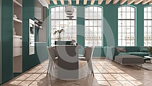 Modern kitchen and living room in vintage apartment in beige and turquoise tones with windows, sofa with table, island with chairs
