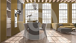 Modern kitchen and living room in vintage apartment in beige and yellow tones with big windows, sofa, table, island with chairs.