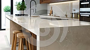 Modern Kitchen With Marble Counter Top and Wooden Stools