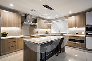 modern kitchen, with overhead lighting and under-cabinet lights creating a warm and welcoming atmosphere