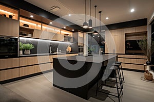 modern kitchen, with overhead lighting and under-cabinet lights creating a warm and welcoming atmosphere