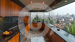 Modern kitchen with panoramic city views