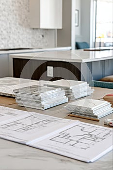 modern kitchen renovation, marble countertop samples and blueprints on table