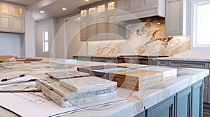 modern kitchen renovation, marble countertop samples and blueprints on table