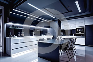 Modern kitchen room interior, black and white tone design, generative AI