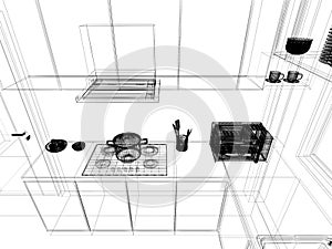 modern kitchen room interior design, 3d