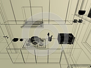 modern kitchen room interior design, 3d