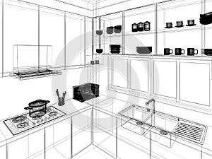 modern kitchen room interior design, 3d